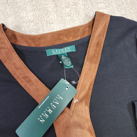 Ralph Lauren Shirt Womens Medium Black V-Neck Top Faux Suede Brown Trim NEW - Picture 5 of 8